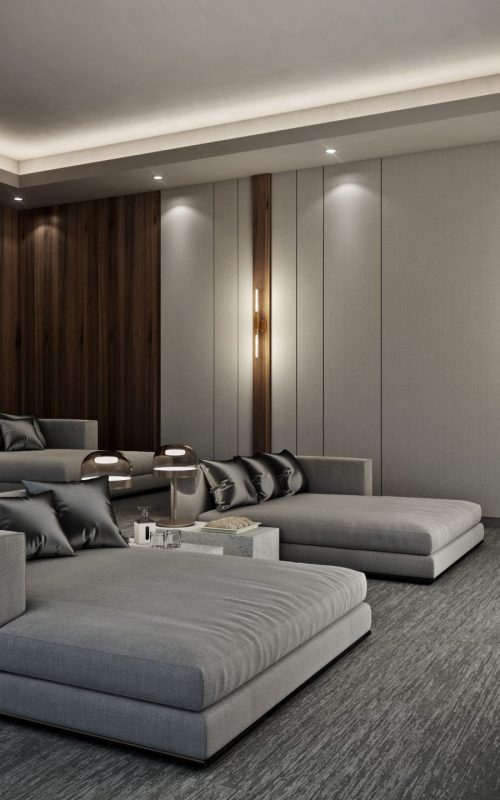 Sofa,Bed,In,Modern,Home,Theater,Room,,3d,Render Sofa,Bed,In,Modern,Home,Theater,Room,,3d,Render