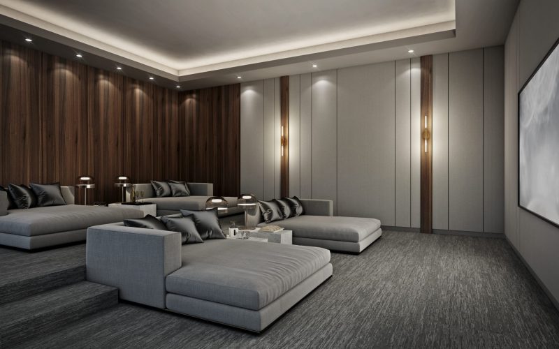 Sofa,Bed,In,Modern,Home,Theater,Room,,3d,Render
