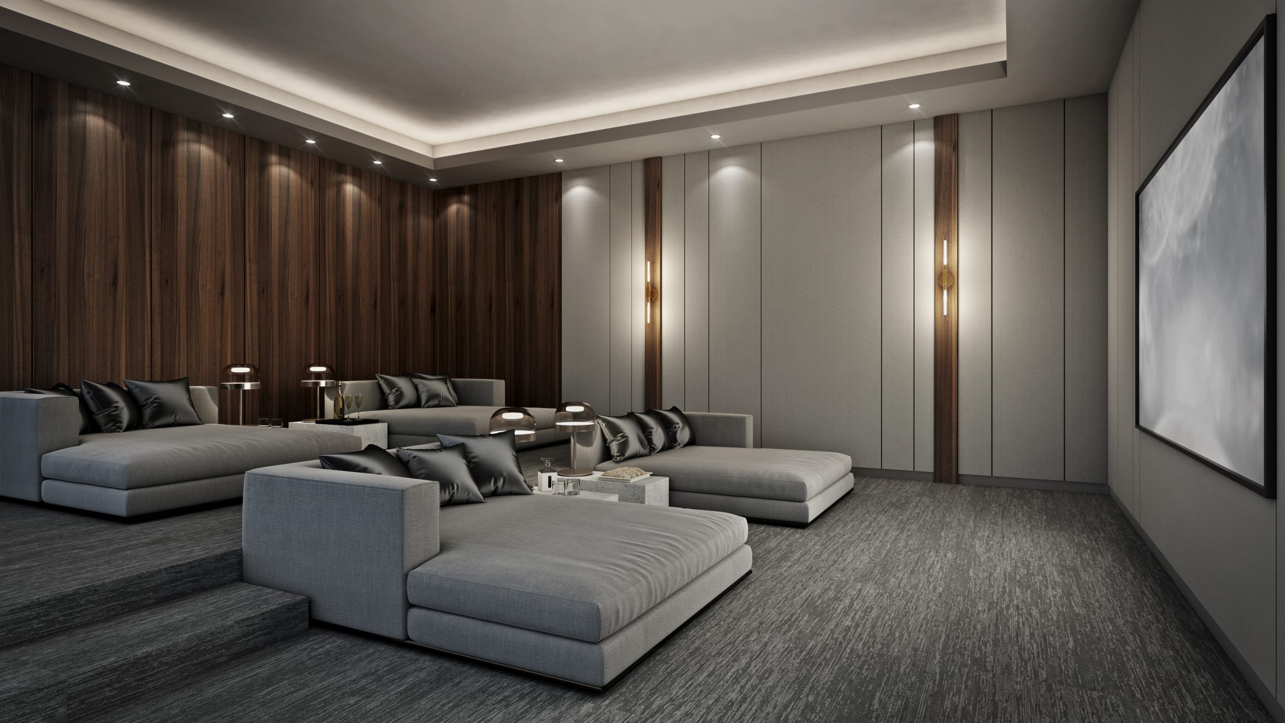 Sofa,Bed,In,Modern,Home,Theater,Room,,3d,Render Sofa,Bed,In,Modern,Home,Theater,Room,,3d,Render