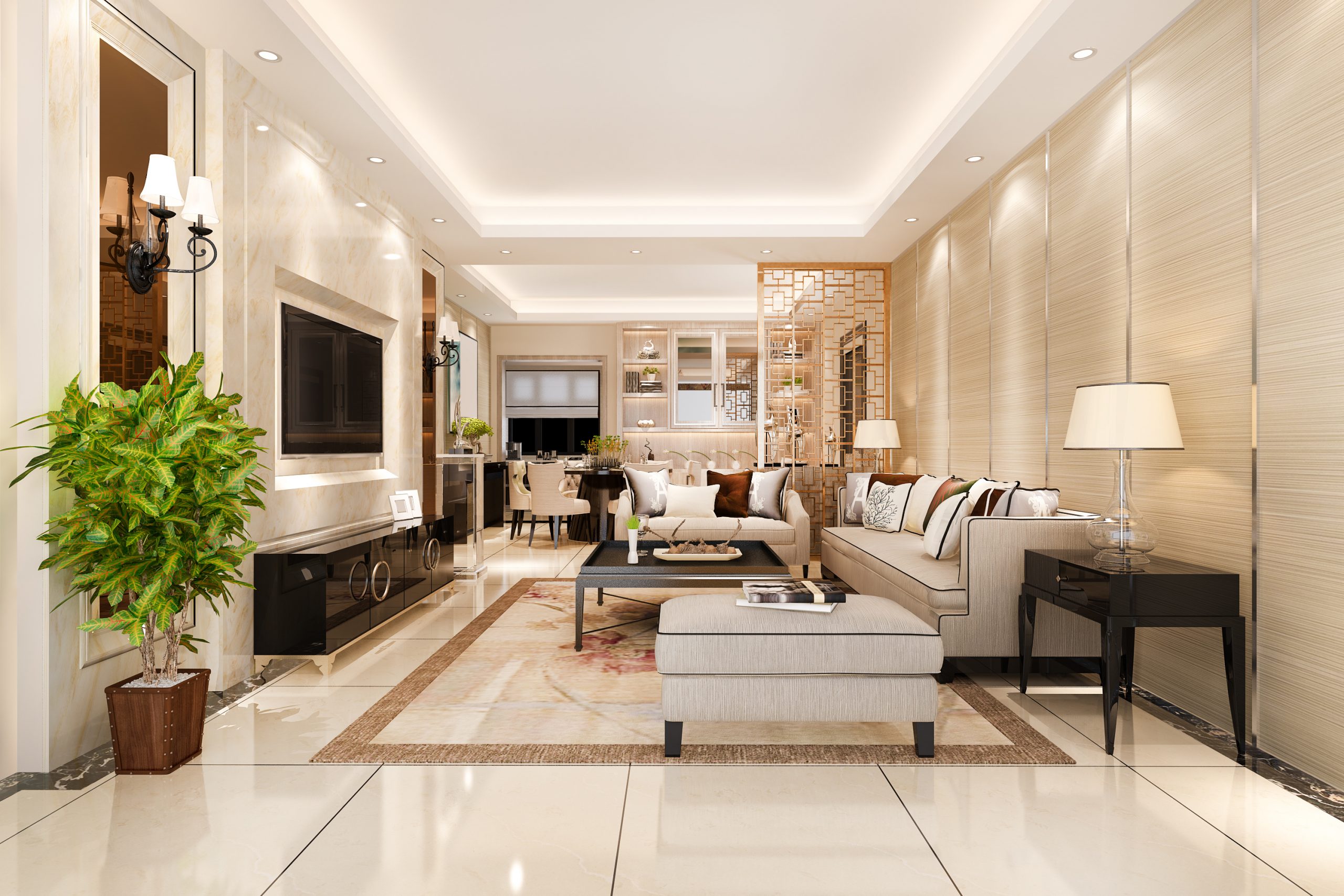 3d,Rendering,Modern,Dining,Room,And,Living,Room,With,Luxury